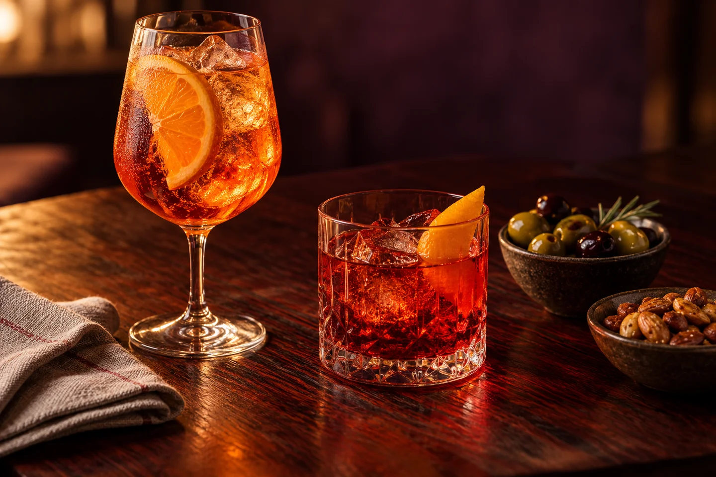 Illustratieve cocktails en borrelhapjes bij warm avondlicht